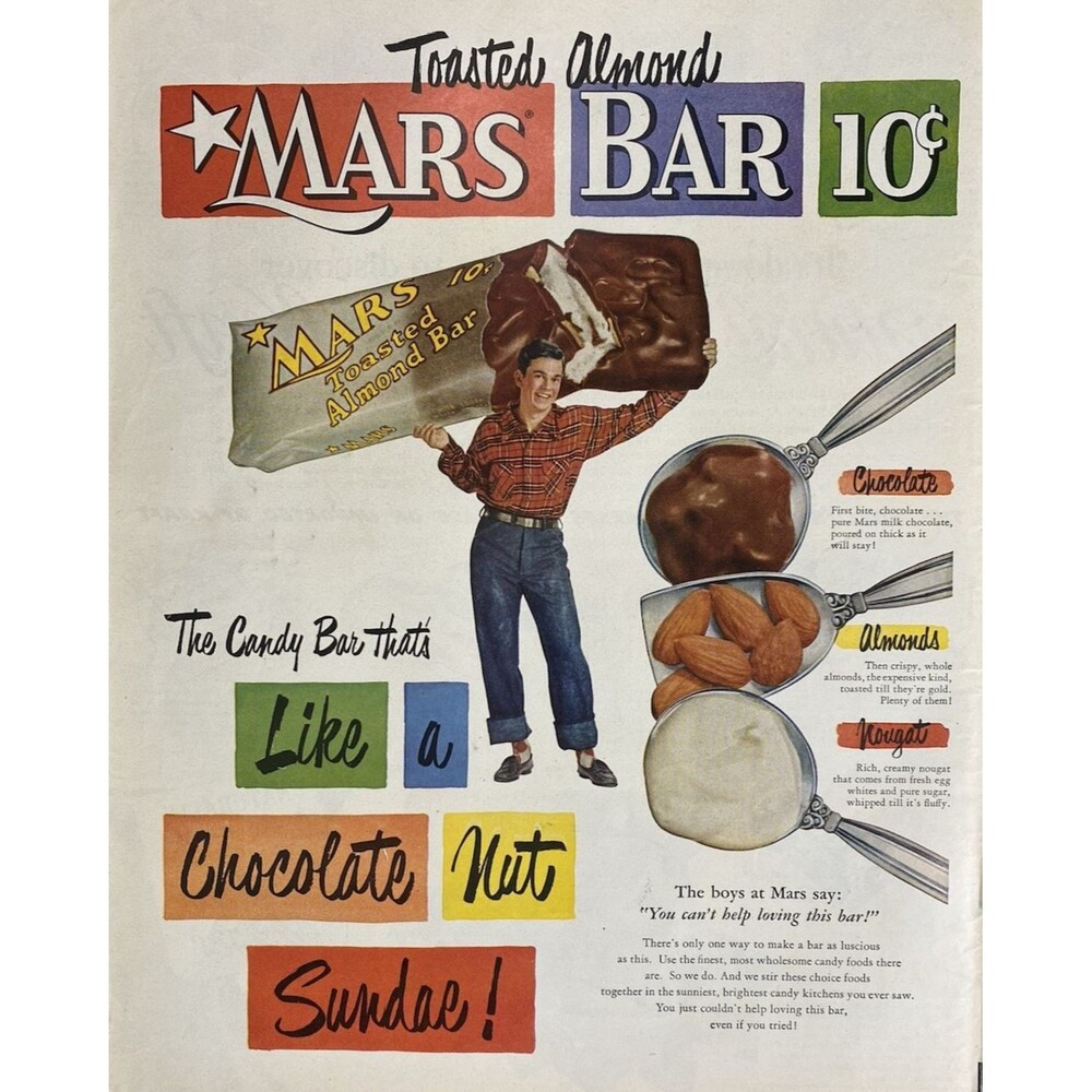 Mars Bar w/ Toasted Almonds "Like a Chocolate Nut Sundae!" Vintage Print Ad 1951